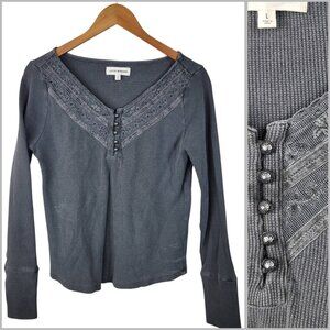 Lucky Brand Waffle Knit Embroiderd Yoke Henley Top Large Long Sleeve Grey Gray